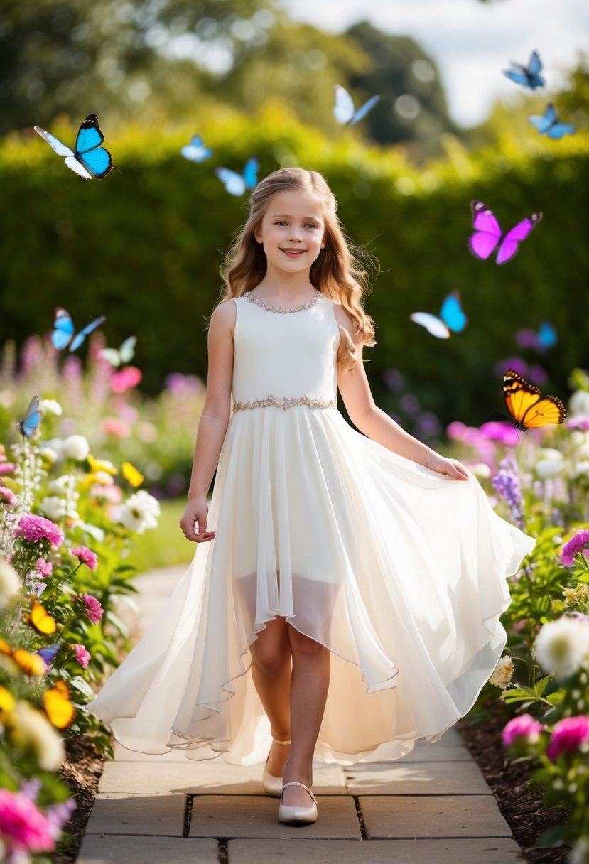 A young girl twirls in a flowing high-low chiffon dress, surrounded by blooming flowers and fluttering butterflies at a whimsical garden wedding