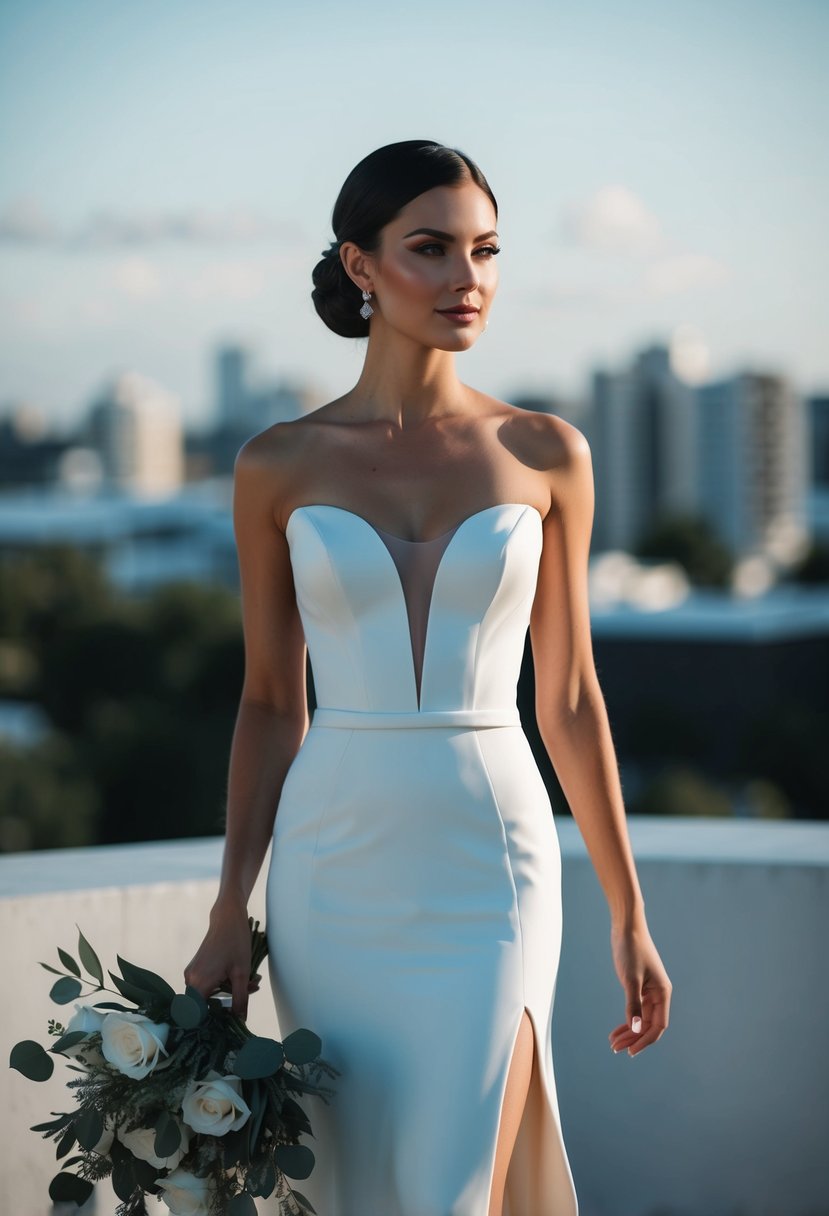 A sleek, minimalist wedding dress with clean lines and a 90s aesthetic