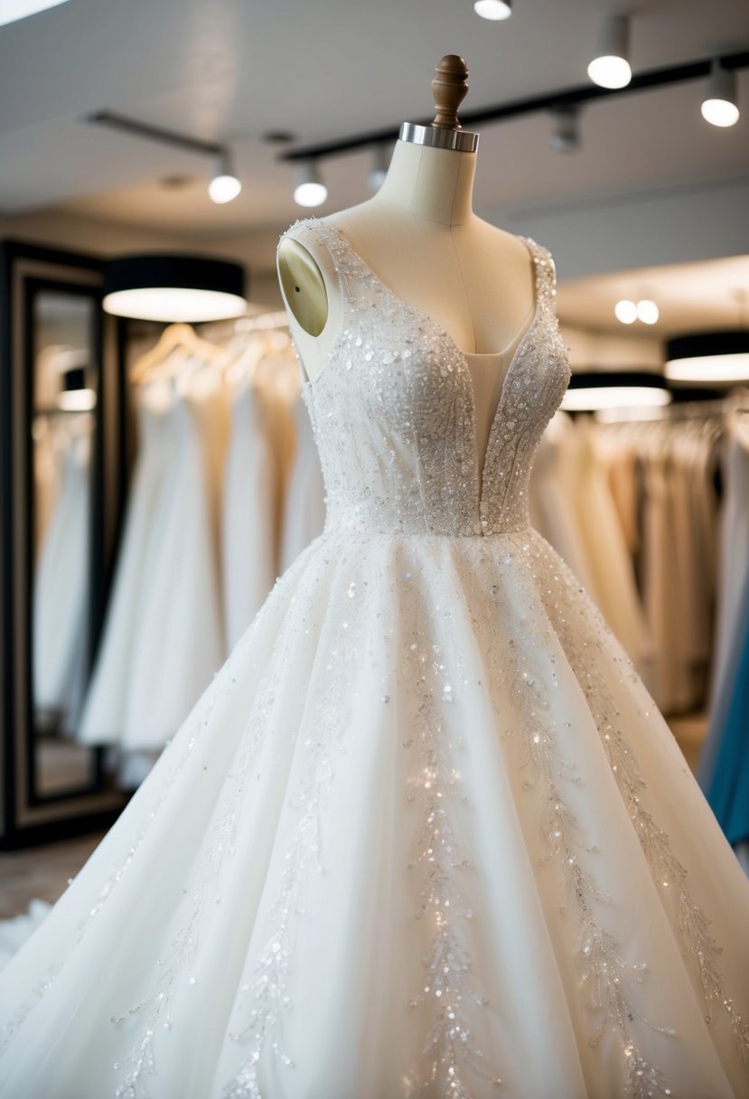 A dazzling white wedding dress adorned with shimmering sequins and delicate embroidery, catching the light as it hangs on a mannequin in a boutique showroom