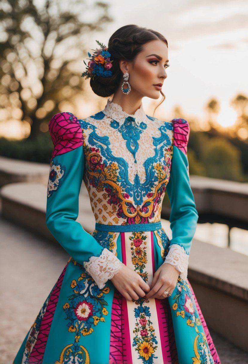 An ornate 90s-inspired wedding dress with bold patterns and vibrant colors, featuring intricate lace and floral details