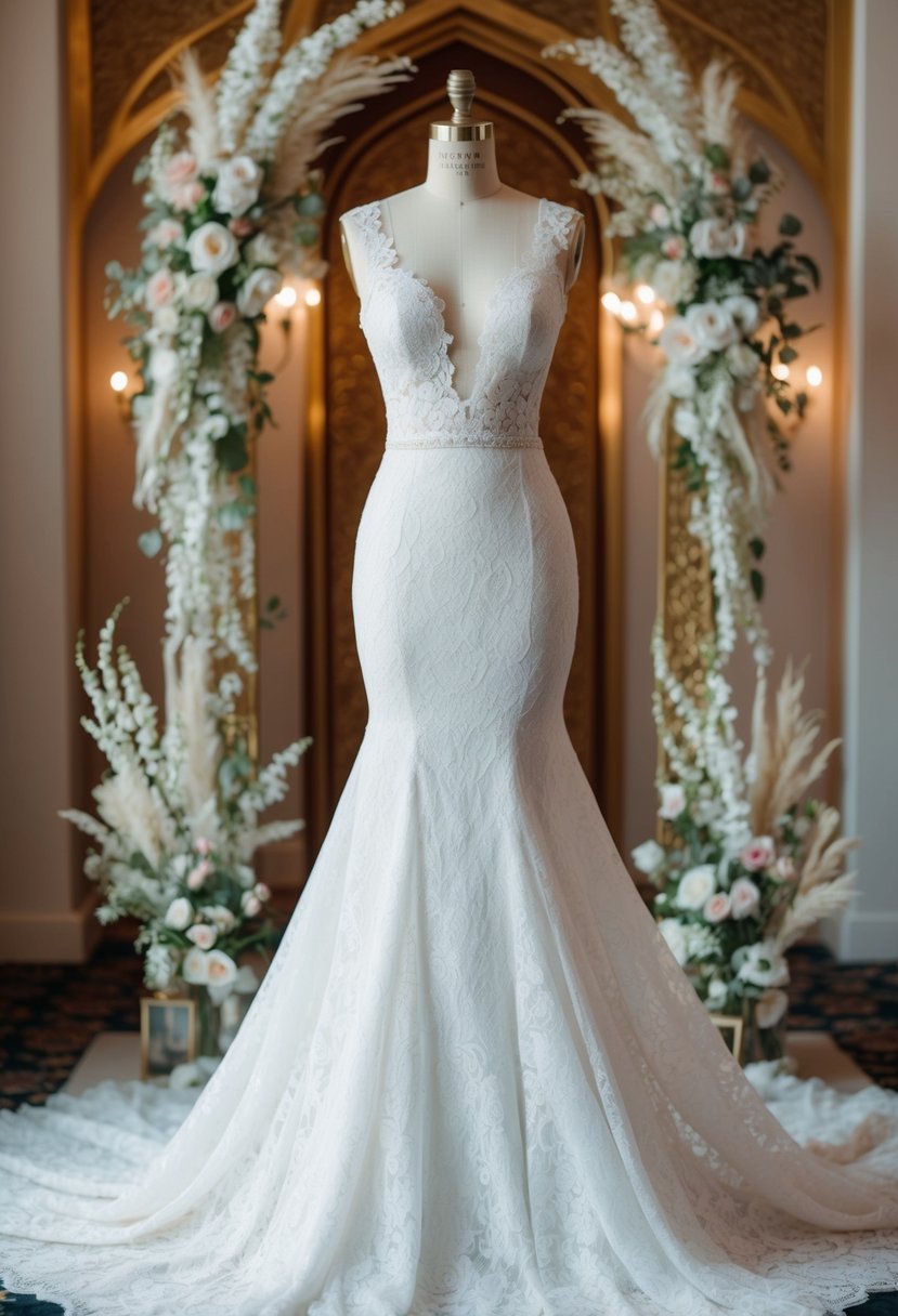 An elegant lace mermaid wedding dress draped over a mannequin, surrounded by Arab-inspired decor and delicate floral arrangements