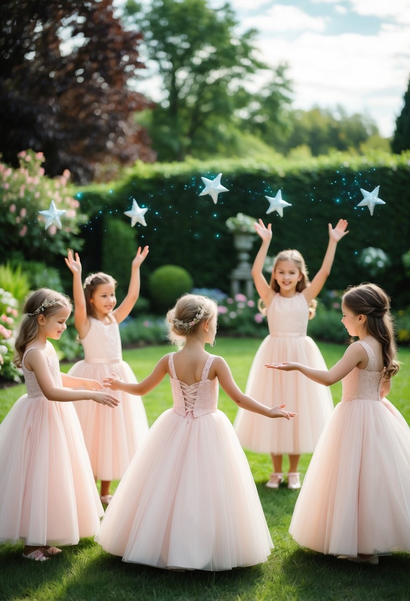 A group of young girls in blush pink ballgowns casting magical spells in a garden filled with wedding dress ideas