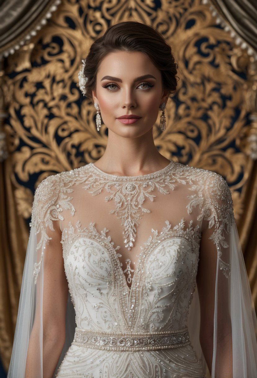 An elegant illusion neckline dress adorned with intricate lace and beading, set against a backdrop of ornate arabesque patterns and luxurious fabrics