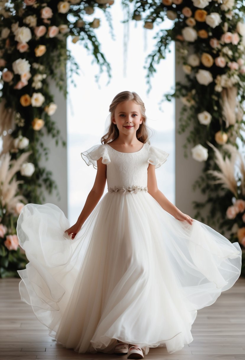 A young girl twirls in a flowing wedding dress with fluttery sleeves, surrounded by enchanting floral decorations