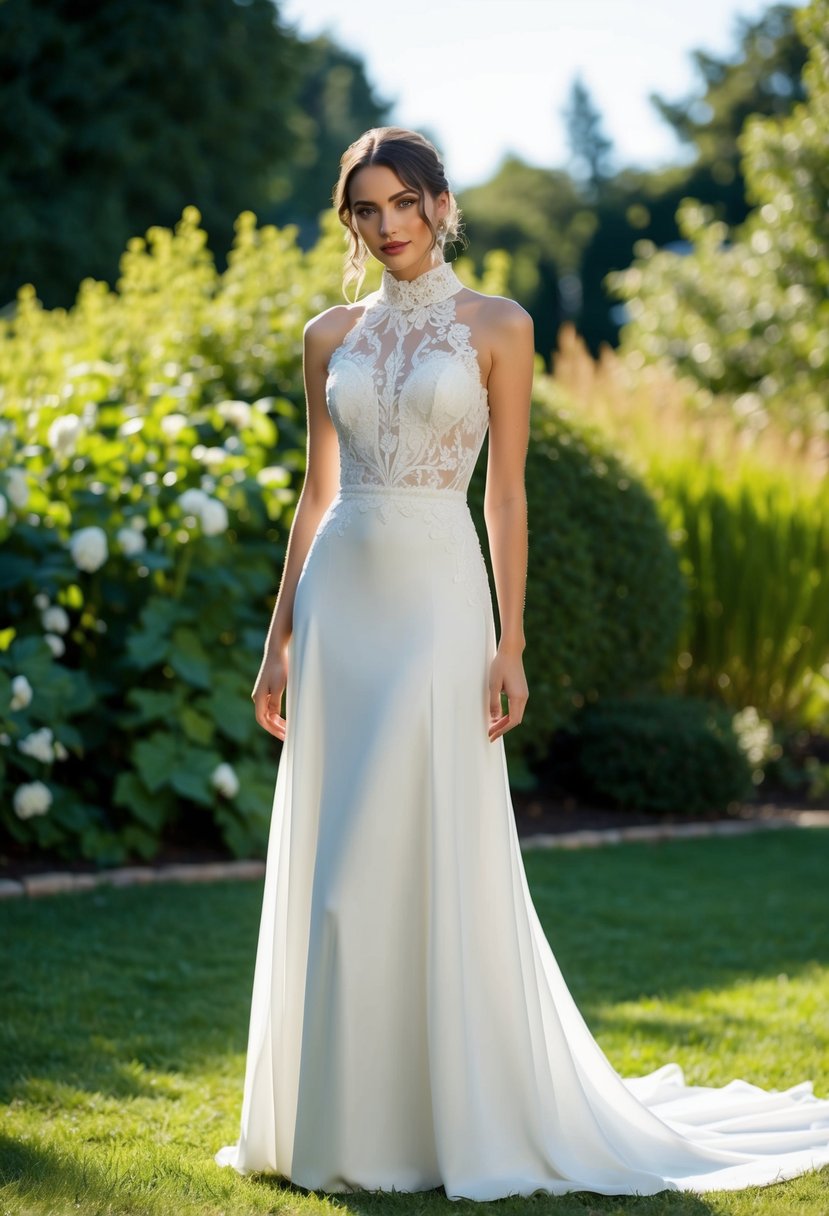 A bride stands in a sunlit garden, wearing a high-necked 90s-inspired wedding dress with elegant lace details and a flowing silhouette