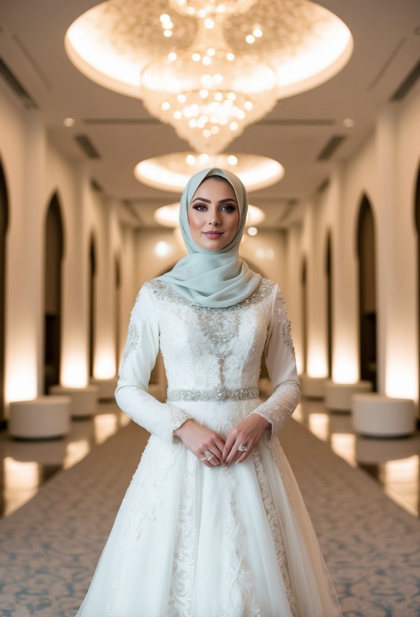 A bride in a modest hijabi wedding gown, adorned with intricate lace and delicate beading, standing in a softly lit, elegant arabesque-inspired wedding venue