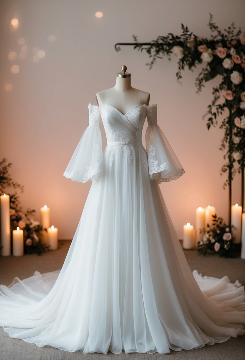 A flowing, off-the-shoulder wedding dress with billowing sleeves, delicate lace details, and a sweetheart neckline, set against a backdrop of soft candlelight and vintage floral decor