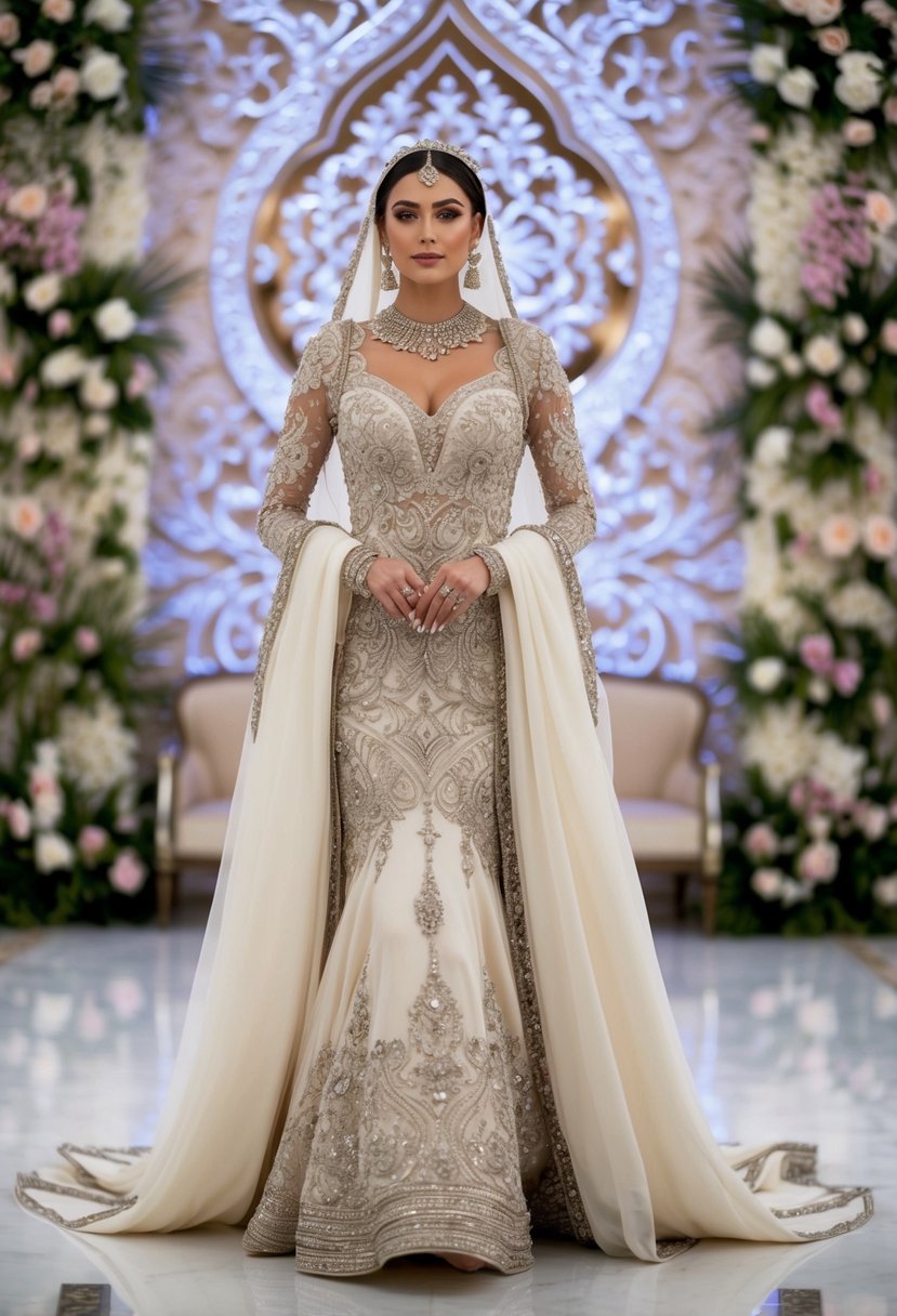 A bride in a flowing, ornate Arabic wedding gown, adorned with intricate embroidery and luxurious fabrics, standing against a backdrop of ornate patterns and lush floral arrangements