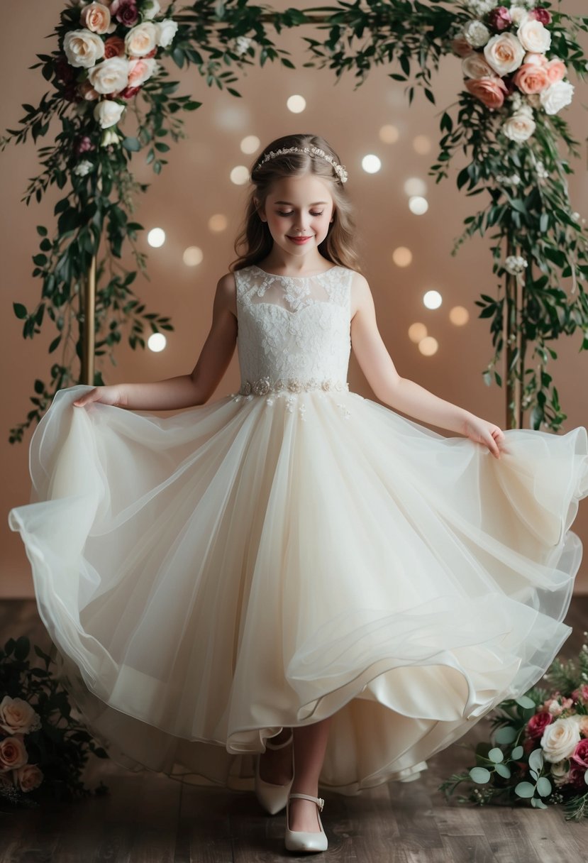 A young girl twirling in a flowing ivory wedding dress, surrounded by floral arrangements and lace details