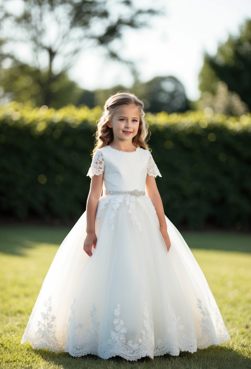 A delicate white lace wedding dress with a classic silhouette, adorned with timeless details for girls aged 7-8