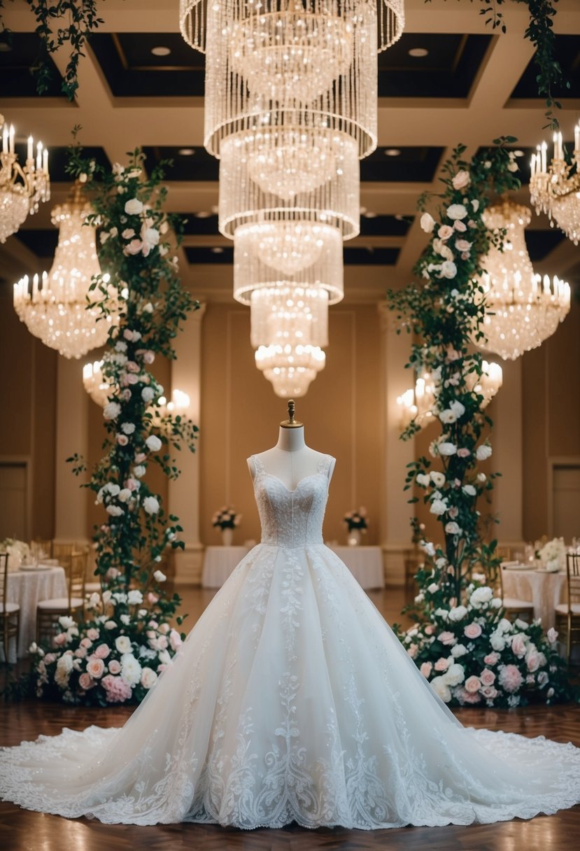 A grand ballroom with glittering chandeliers and cascading floral arrangements, showcasing a 90s aesthetic wedding dress fit for a fairy tale princess