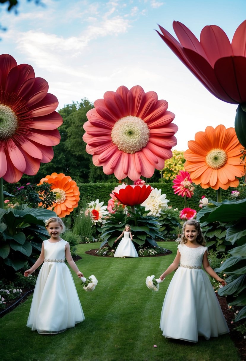 A garden of oversized flowers with playful girls in wedding dresses