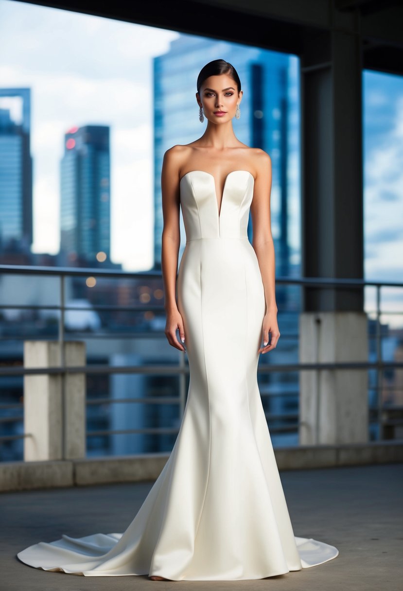 A bride in a sleek, minimalist 90s-inspired wedding dress, with a bold contemporary twist, set against a backdrop of industrial architecture and modern city skyline