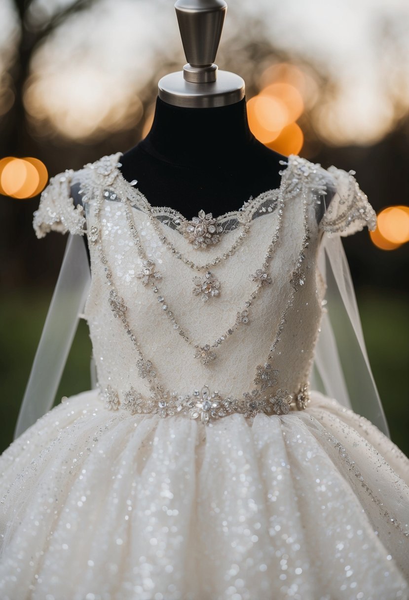 A sparkling, ethereal wedding dress adorned with delicate lace and shimmering sequins, fit for a young princess