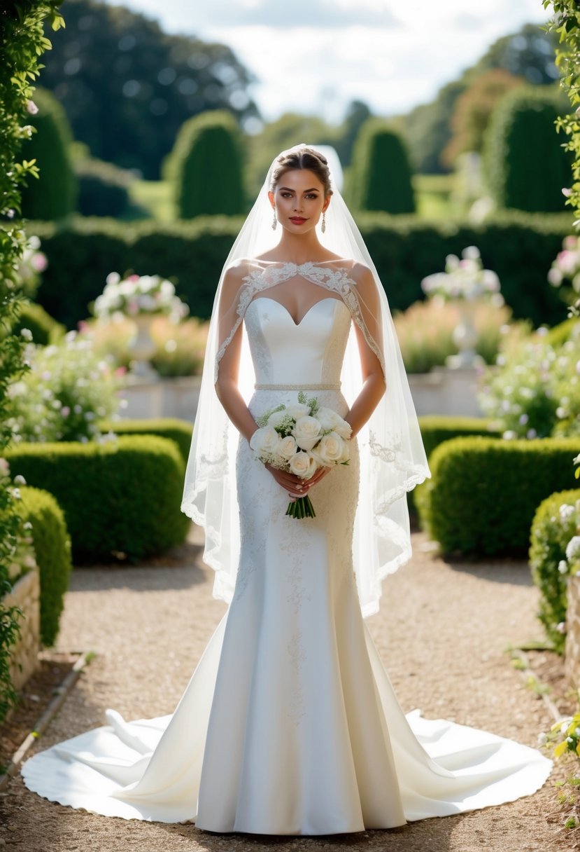 An elegant bride in a 90s-inspired wedding dress, adorned with capes and veils, standing in a romantic garden setting