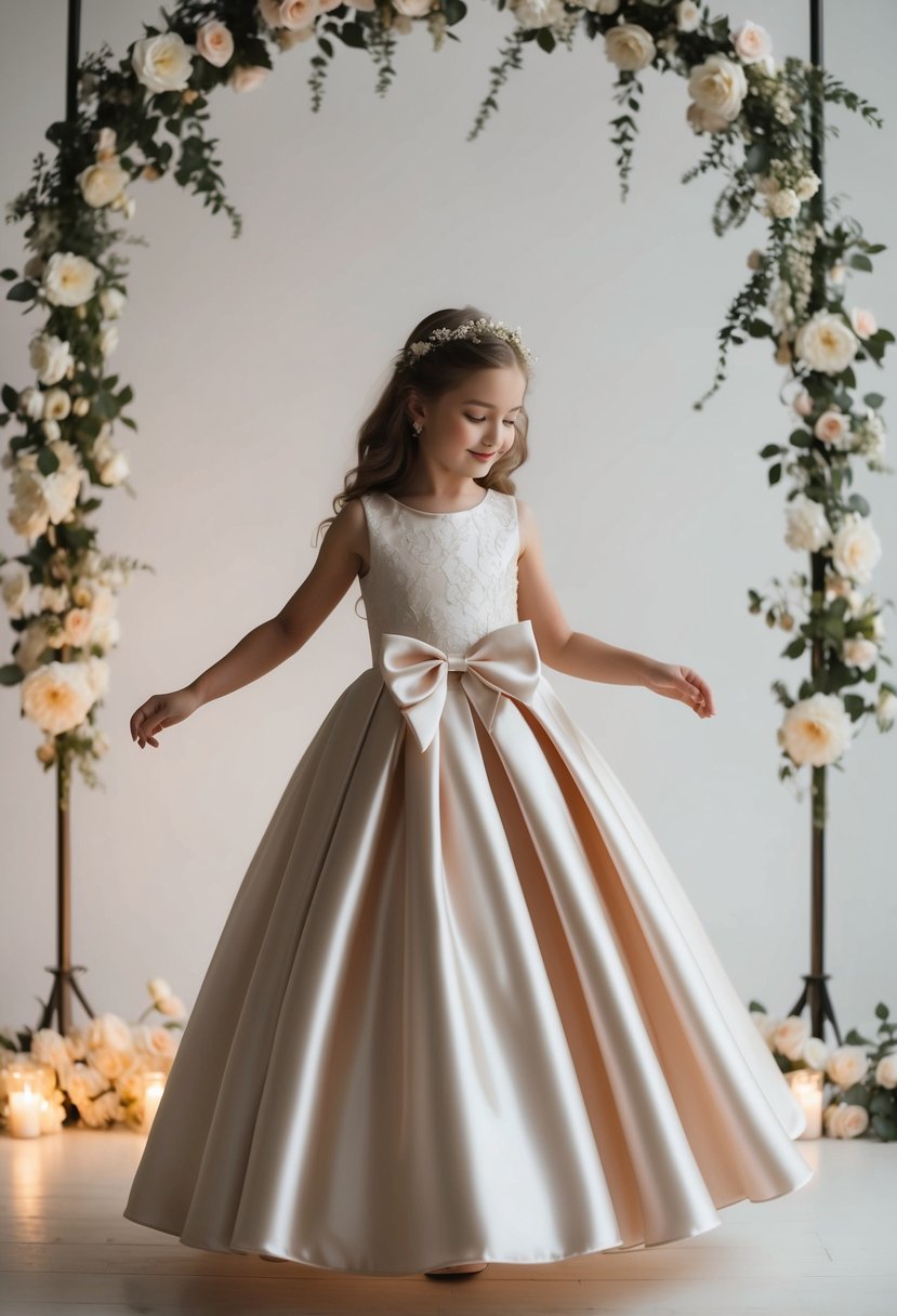 A young girl twirls in a floor-length satin bow dress, surrounded by soft lighting and delicate floral decorations, evoking a sense of elegance and innocence