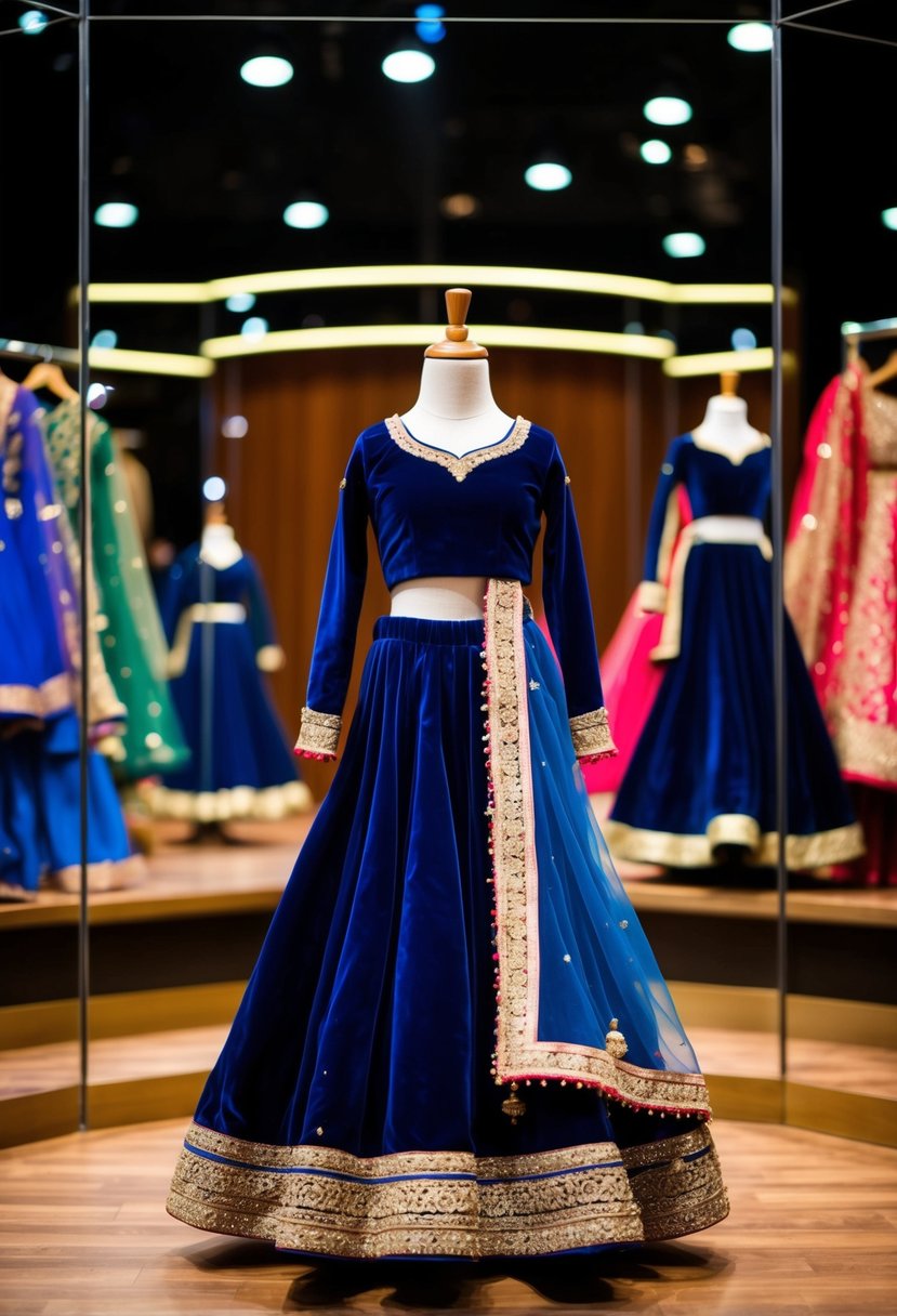 A display of velvet blue Sabyasachi lehengas for girls aged 7-8, perfect for wedding dress ideas