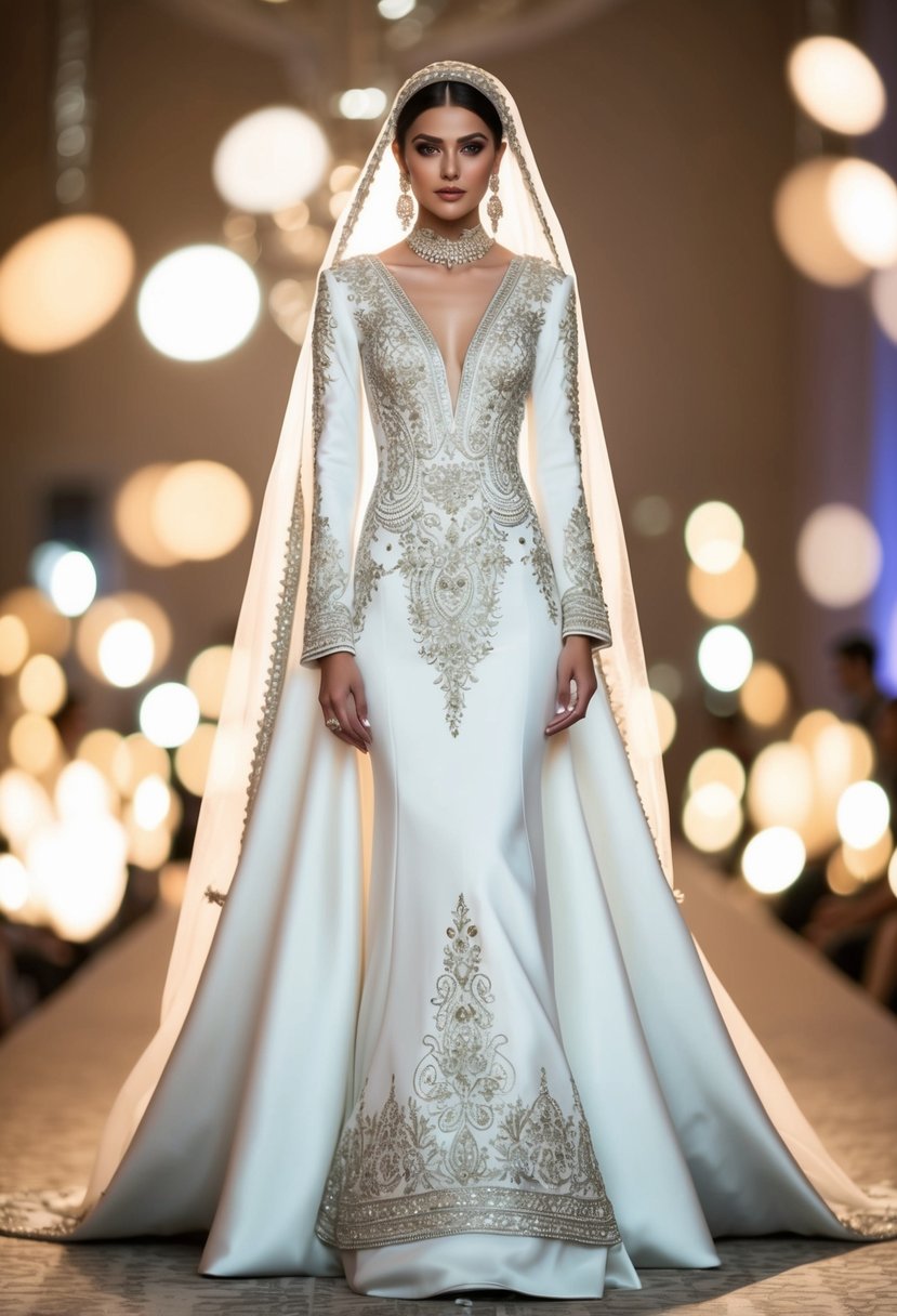 A sleek, modern wedding dress with traditional Arab-inspired embroidery and ornate details