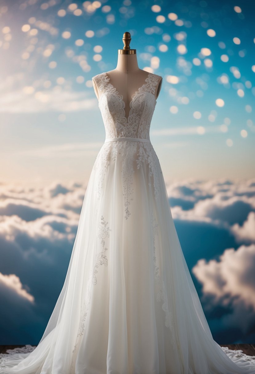 A flowing organza wedding dress with intricate lace details, set against a dreamy backdrop of clouds and twinkling stars