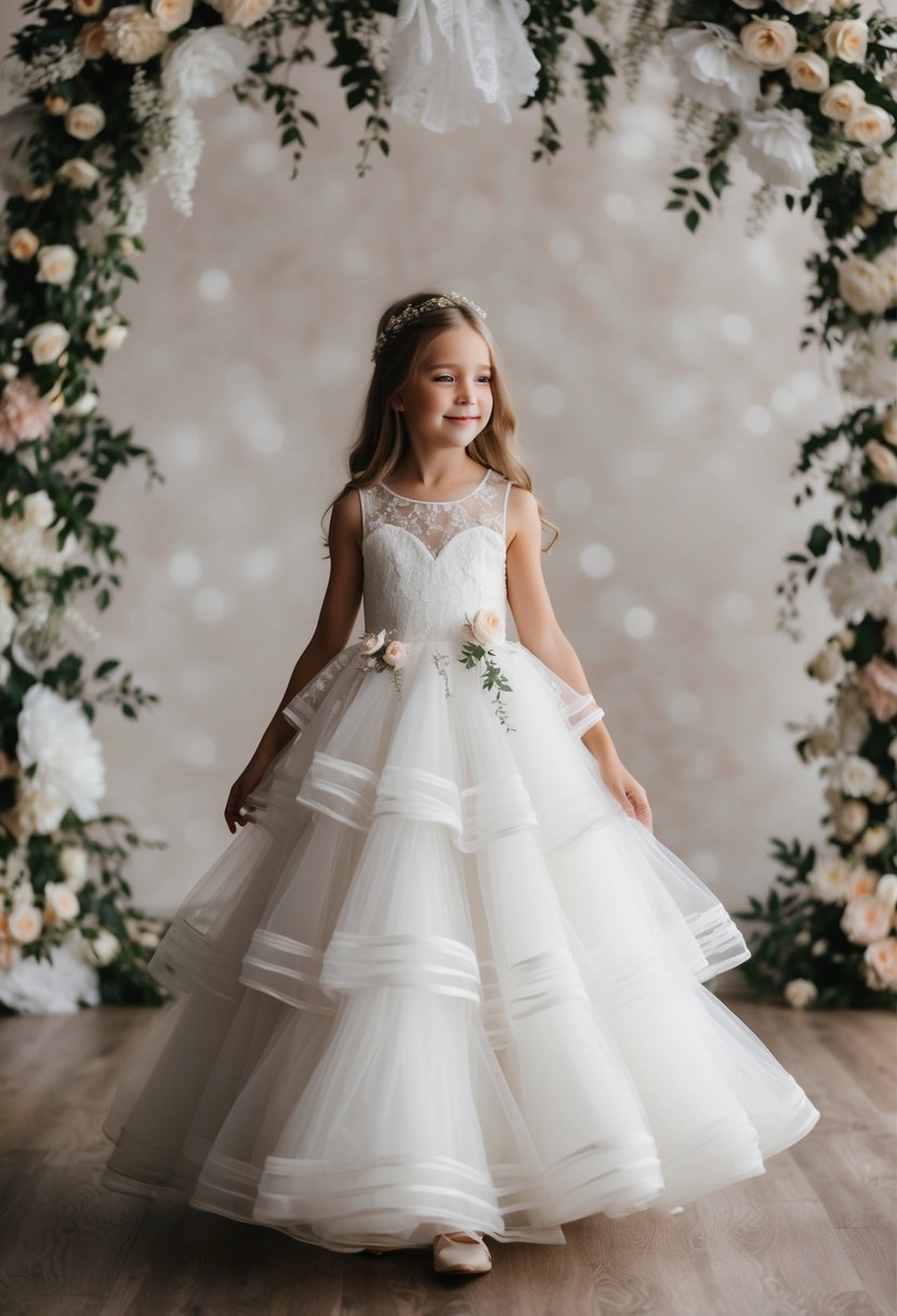 A young girl twirls in a floor-length wedding dress with layers of charming tulle, surrounded by delicate lace and floral details