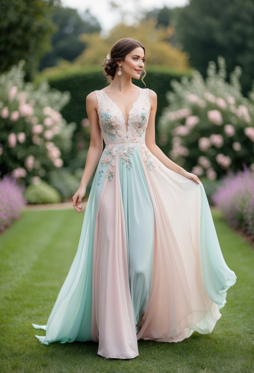 A flowing chiffon gown in soft pastel colors, adorned with delicate lace and floral details, set against a dreamy garden backdrop