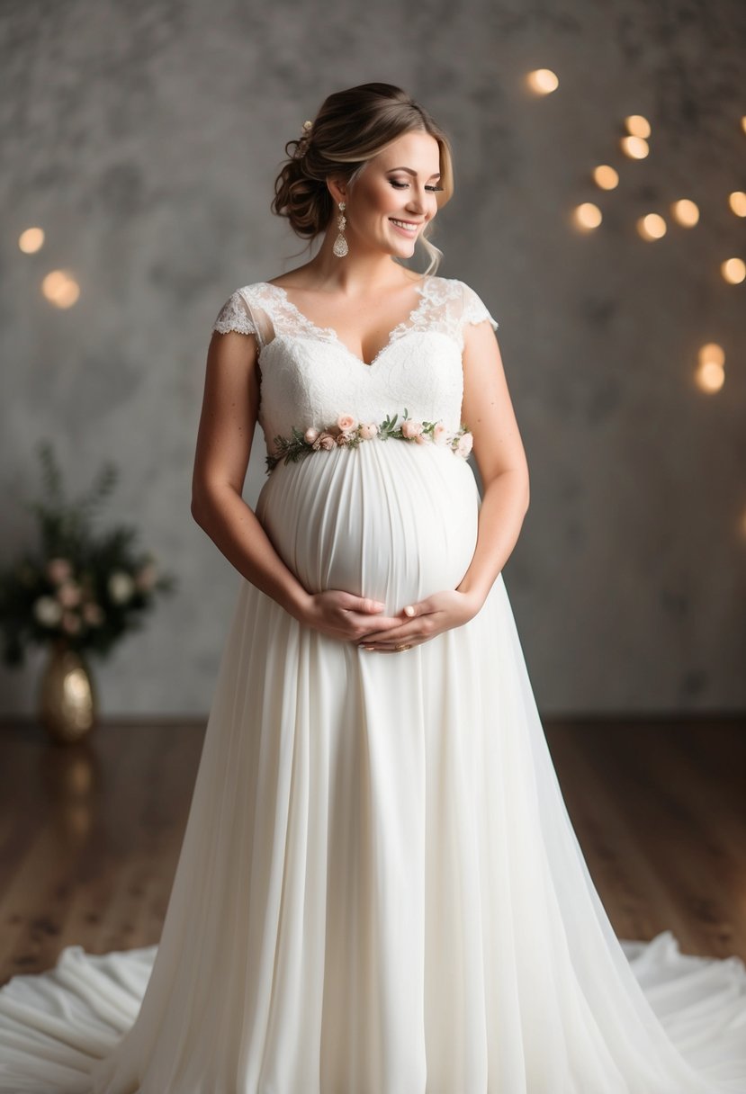 A glowing bride-to-be in a flowing, empire-waist gown, adorned with delicate lace and floral accents, cradling her baby bump with a serene smile