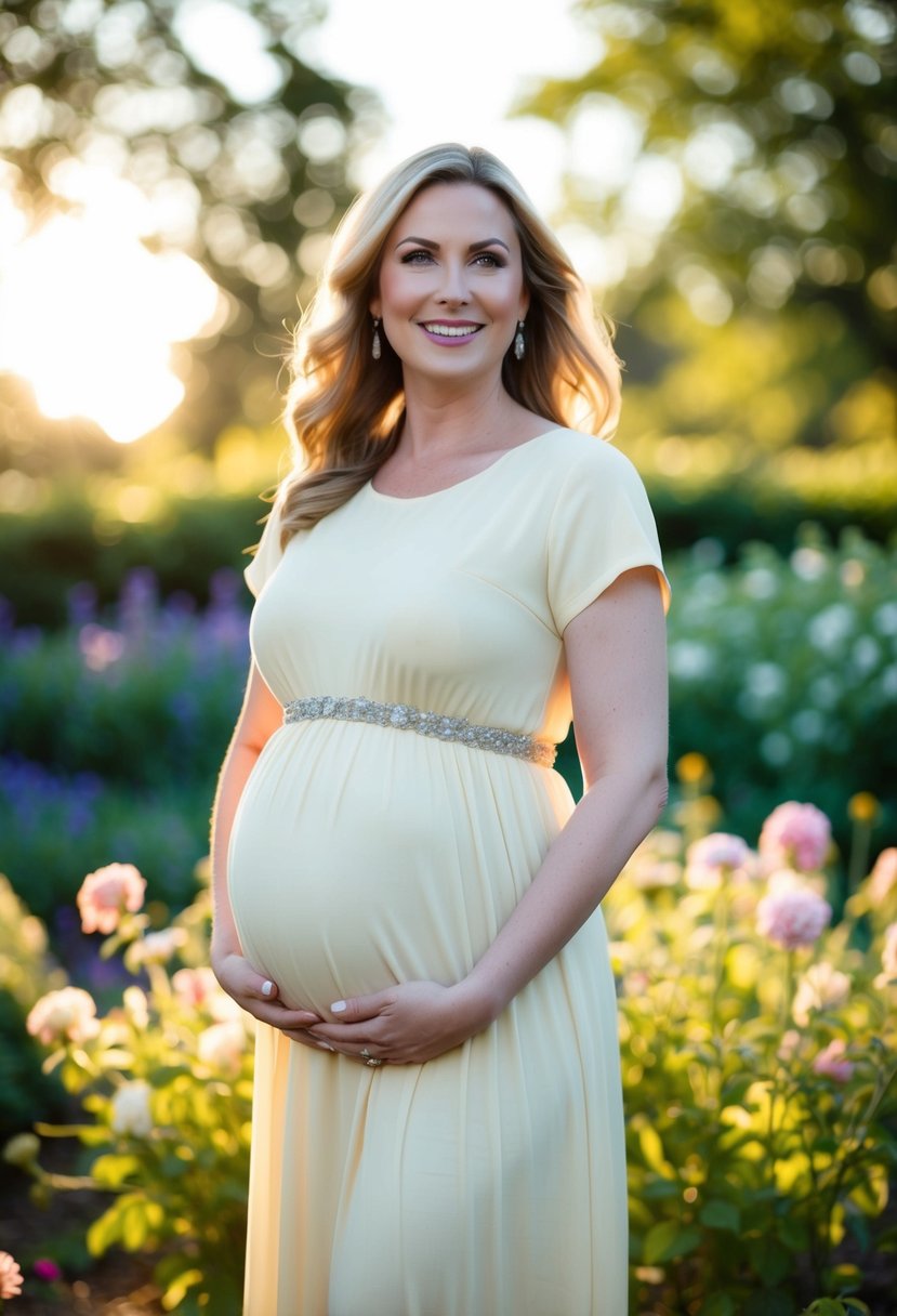 A glowing 6-month pregnant woman in an empire waistline dress, standing in a garden, surrounded by blooming flowers and softly lit by the setting sun