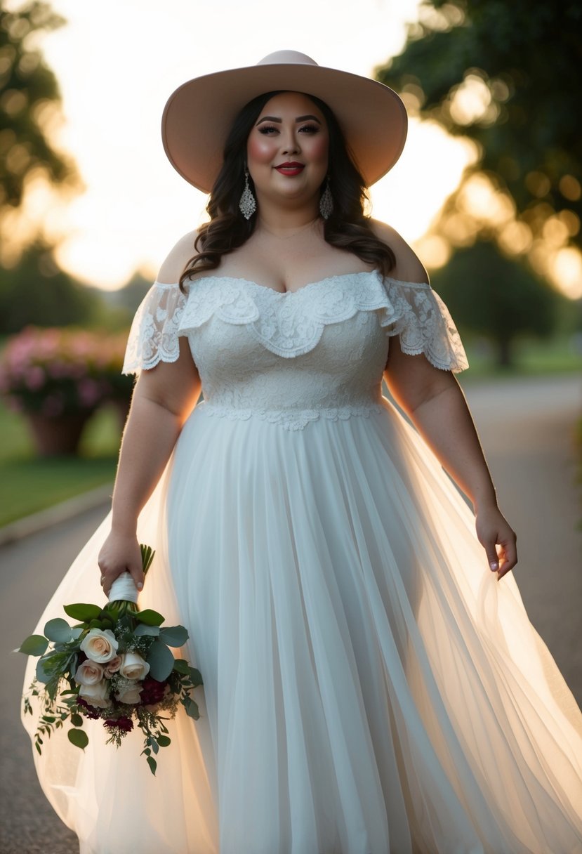 A plus size bride in a flowy, off-the-shoulder 70s wedding dress, with floral lace details and a wide-brimmed hat