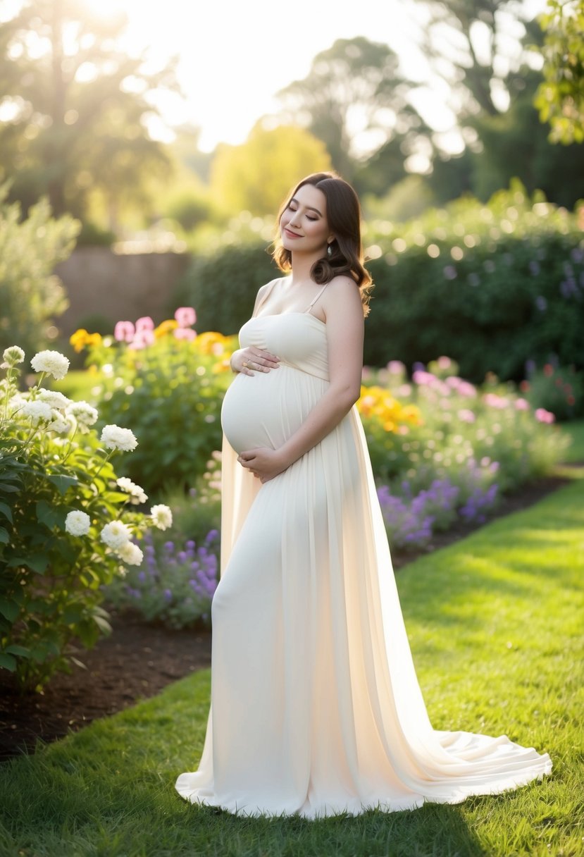 A pregnant woman in a flowy A-line gown, standing in a garden with flowers and soft sunlight, looking peaceful and content