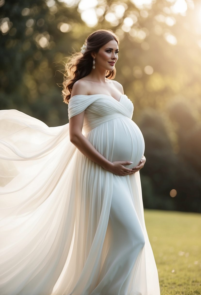 A flowing off-the-shoulder wedding dress with a modern design, suitable for a 6-month pregnant bride