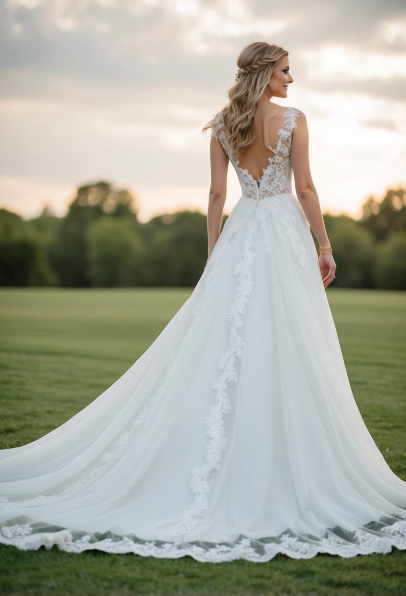 A flowing white wedding gown with delicate lace accents cascading down the bodice and trailing along the hem