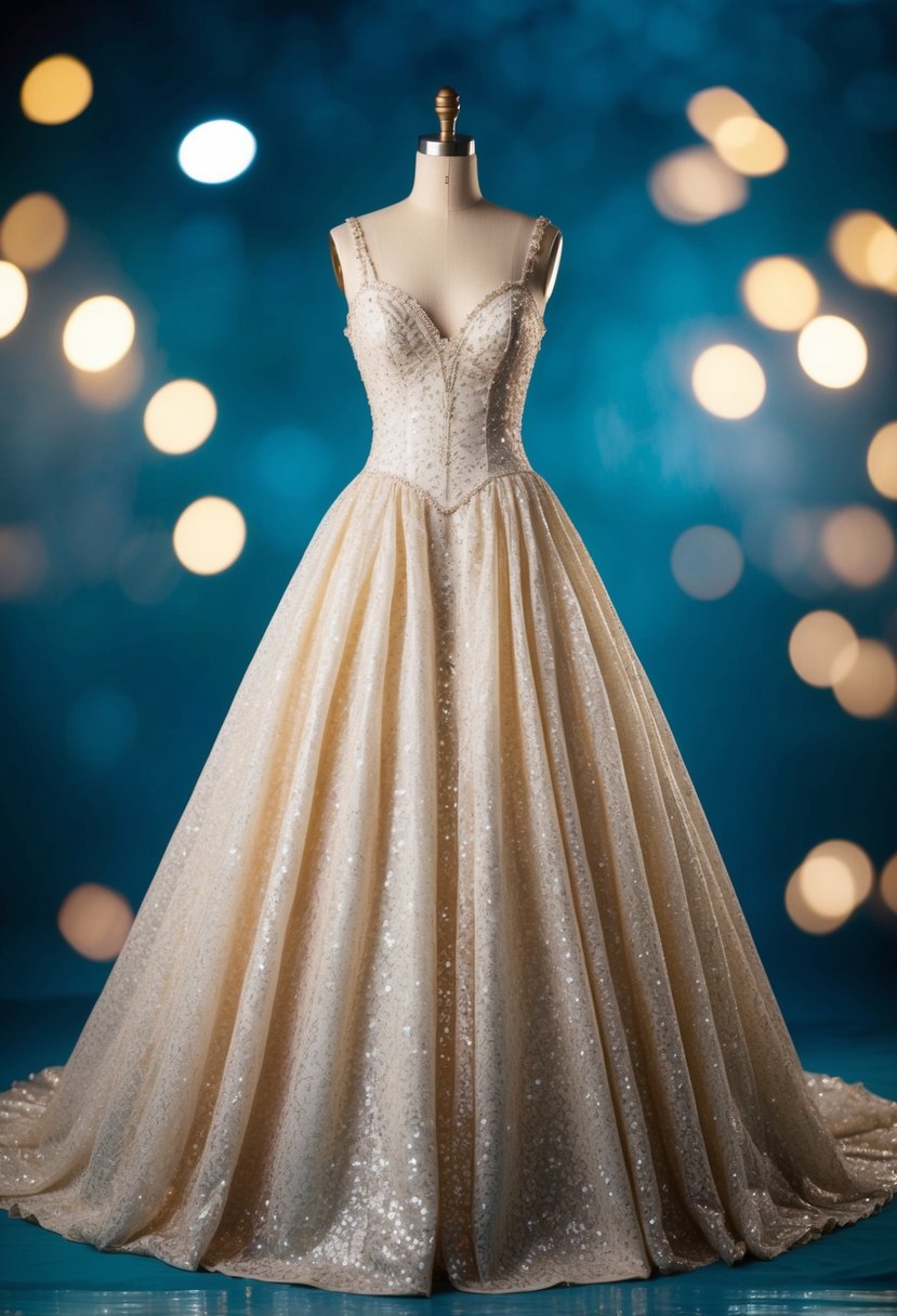 A full-skirted ball gown with sparkling lace, reminiscent of 1970s fashion, drapes elegantly on a vintage mannequin