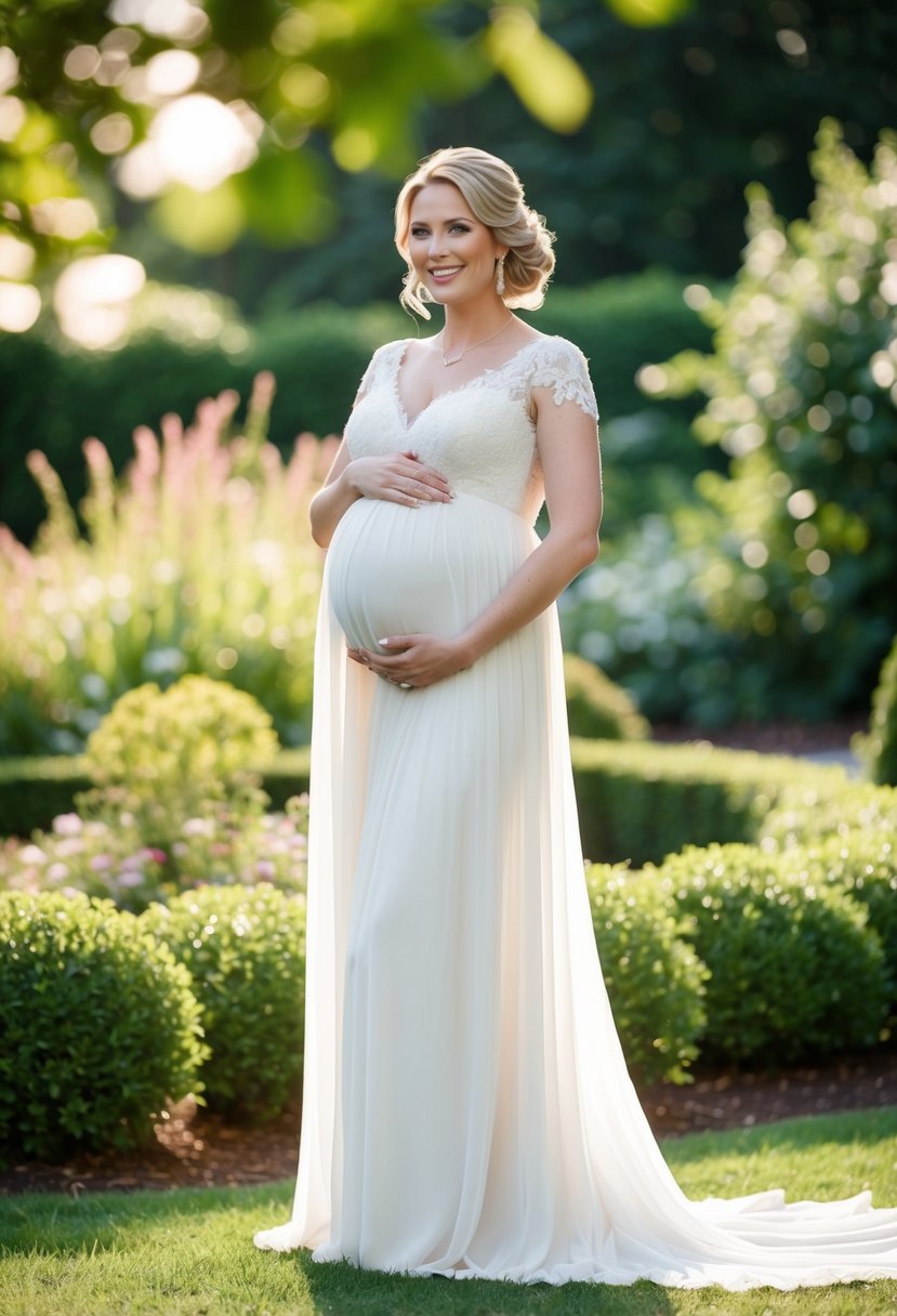 A glowing bride-to-be at 5 months pregnant, standing in a beautiful garden setting, wearing a flowing and elegant wedding dress