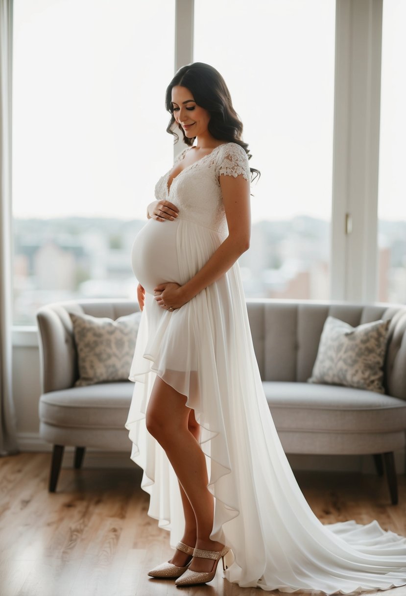 A pregnant woman in a flowing wedding dress with a high-low hem, showcasing her shoes