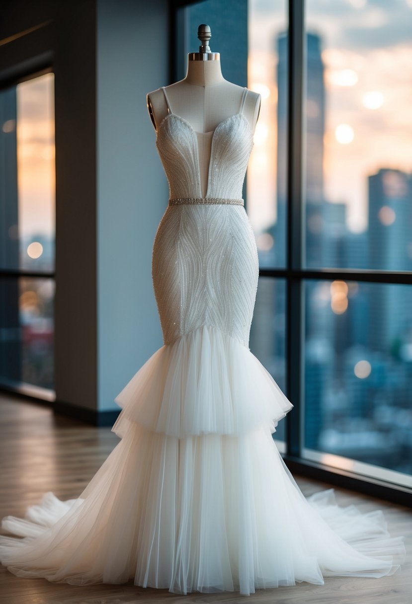 A chic mermaid gown with tulle layers, inspired by 70s wedding fashion, cascades gracefully on a mannequin