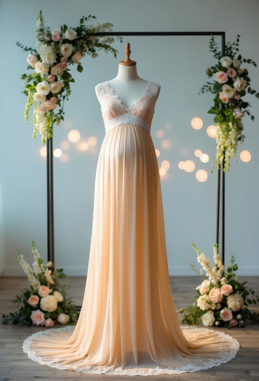 A glowing A-line maternity gown with delicate lace details, draped over a mannequin, surrounded by bridal flowers and soft lighting