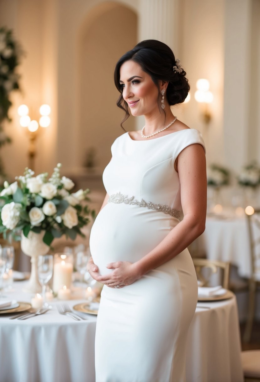 A pregnant woman in a cap sleeve gown, standing in a classic wedding setting with soft lighting and elegant decor