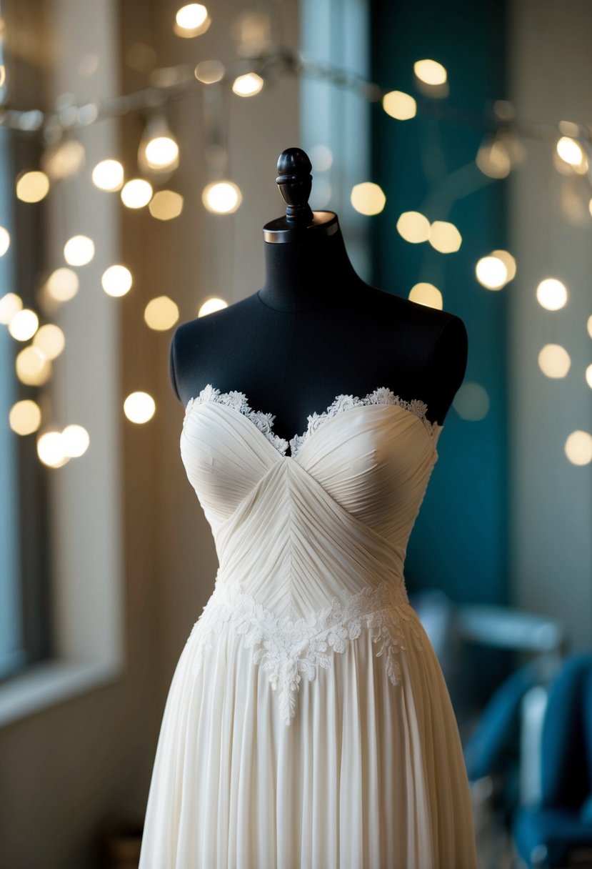 A curvy mannequin wearing a strapless, sweetheart neckline 70s wedding dress with a flowing skirt and intricate lace details