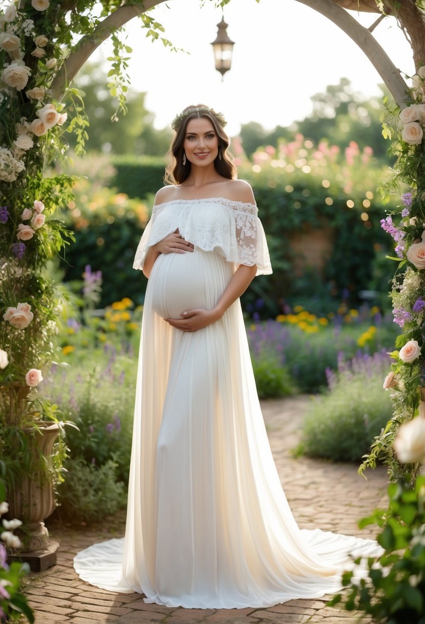 A flowing, off-the-shoulder maternity gown with lace and floral details, set in a whimsical outdoor garden setting with a vintage bohemian vibe