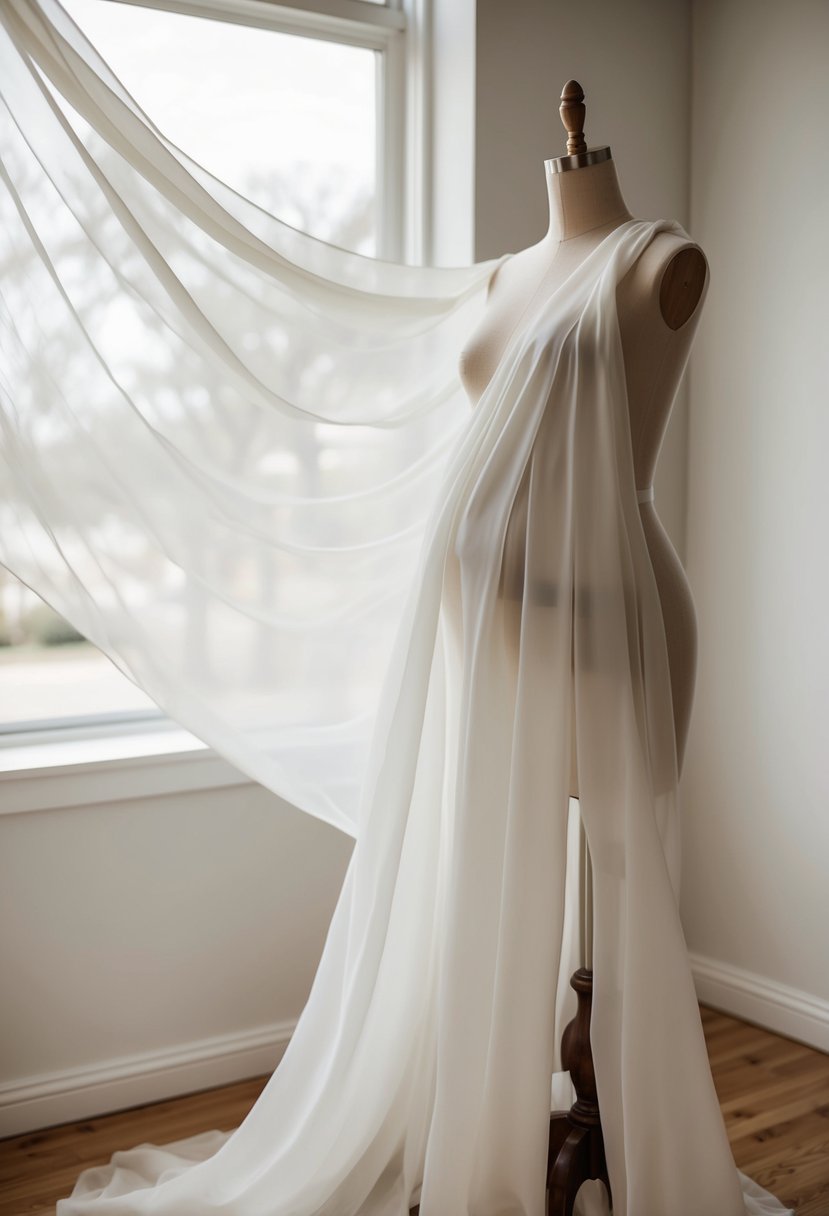 A flowing chiffon fabric drapes over a mannequin, suggesting a breezy feel for a 6 months pregnant wedding dress design