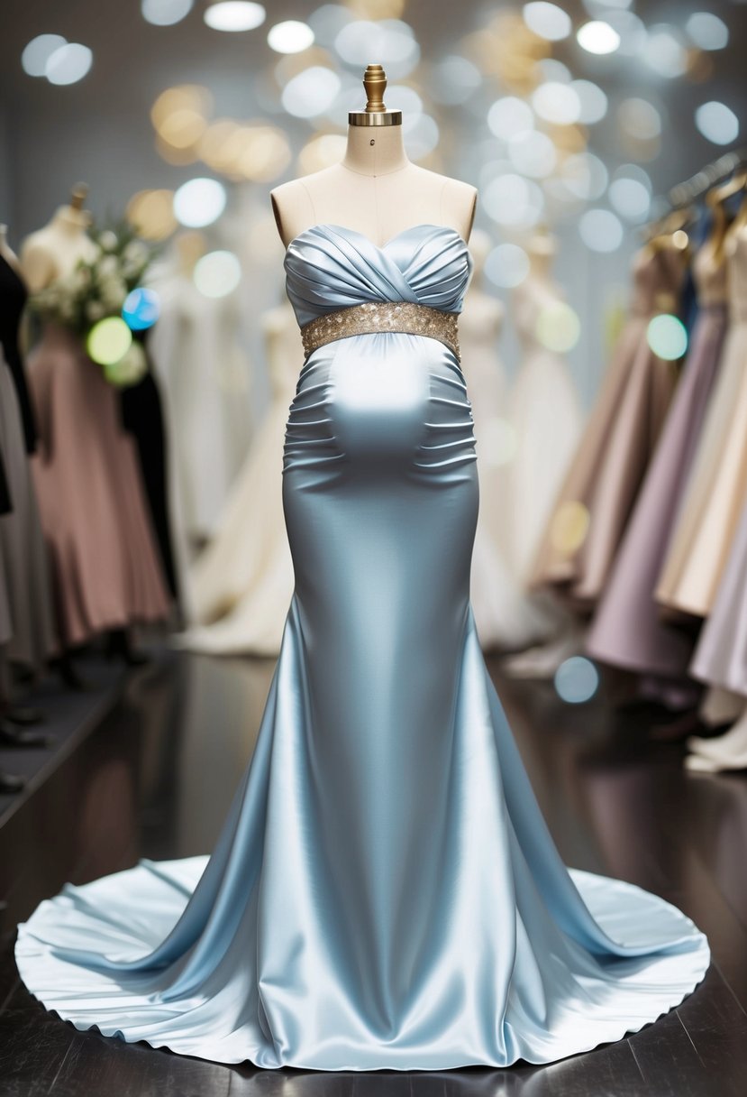 A satin mermaid dress with an elastic bodice, designed to accommodate a 5-month pregnant bride, flowing gracefully on a mannequin