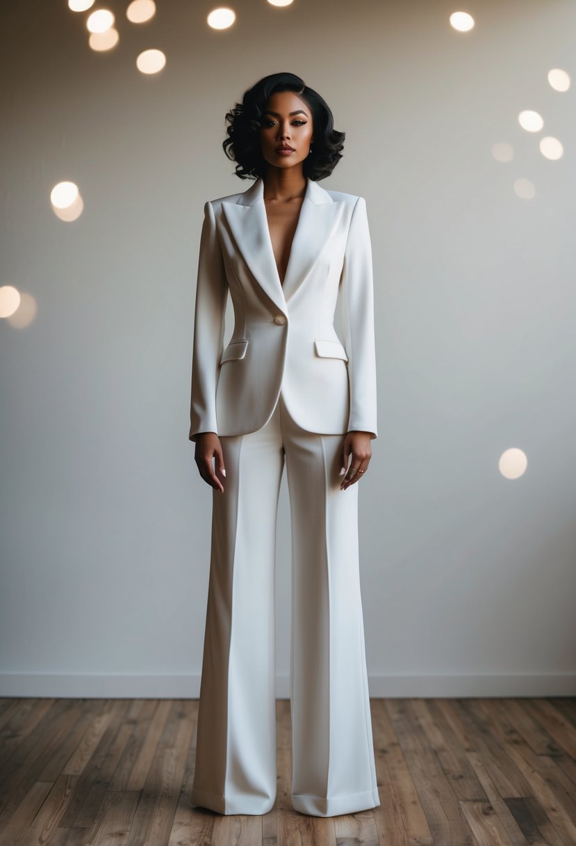 A modern bridal pantsuit with a tailored fit, inspired by 70s wedding dress fashion, featuring wide-leg trousers and a fitted blazer with wide lapels