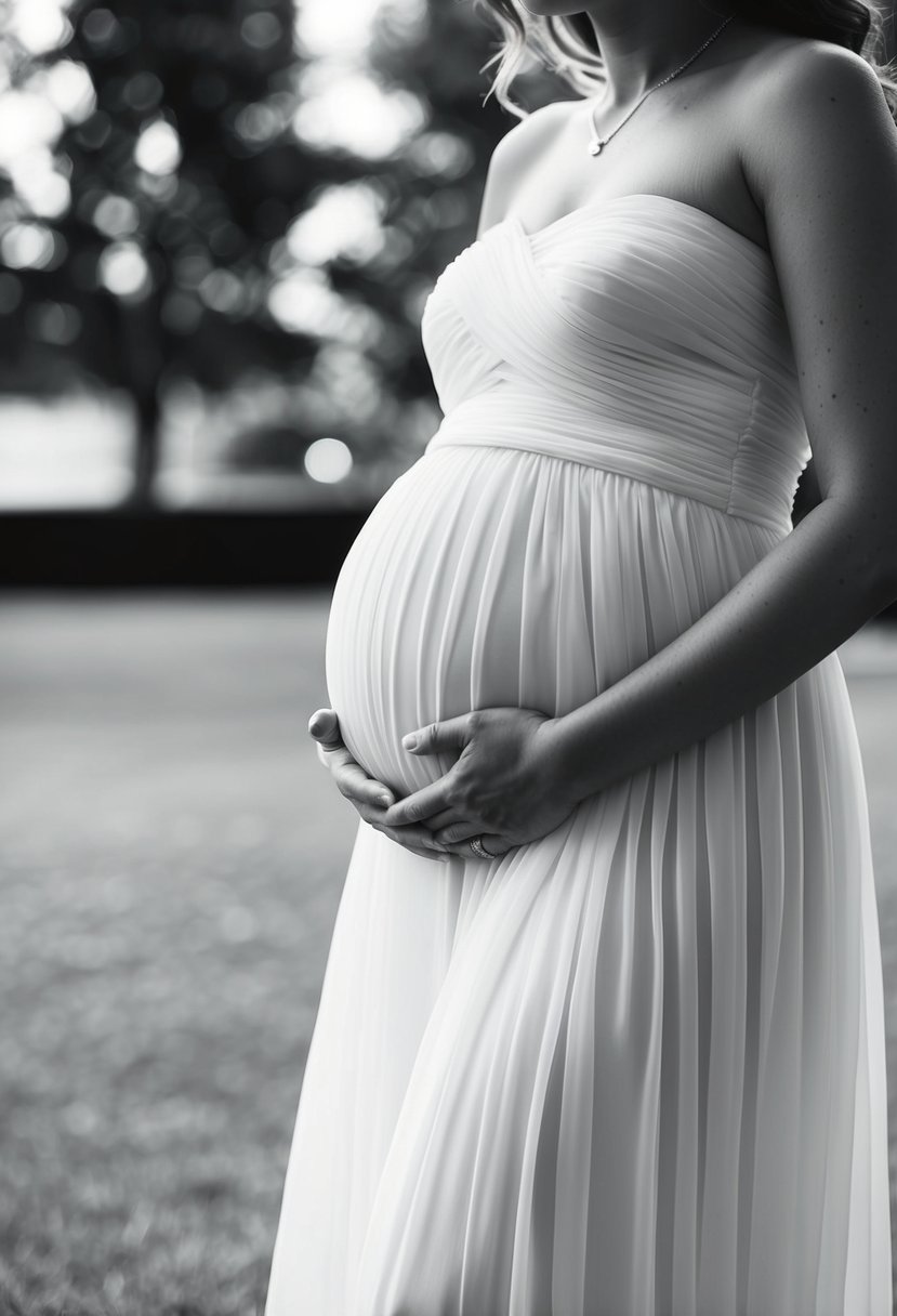 A flowing wedding dress with a ruched bodice, emphasizing the figure of a woman six months pregnant