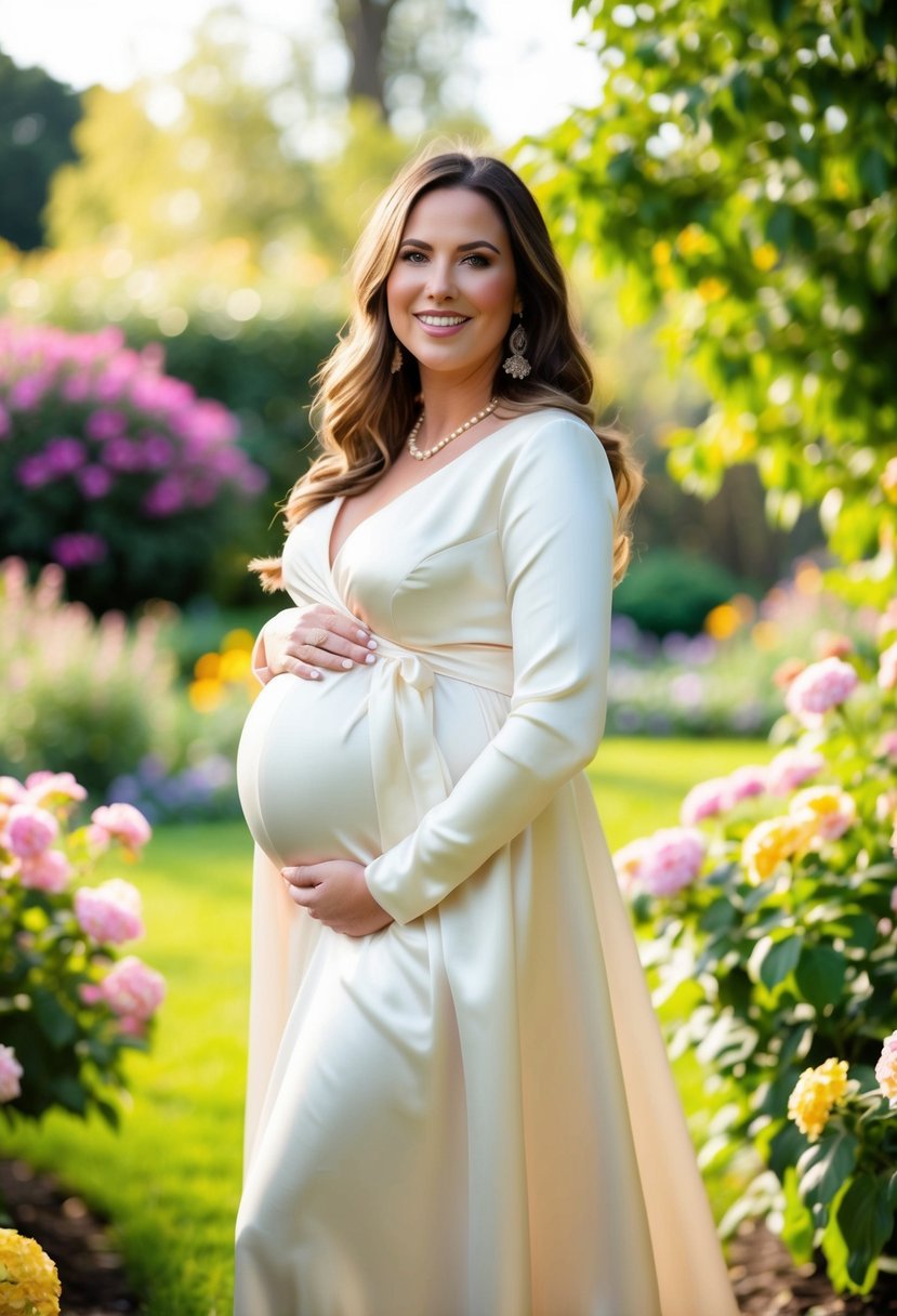 A glowing pregnant woman in an ivory satin A-line gown, standing in a garden surrounded by blooming flowers and greenery