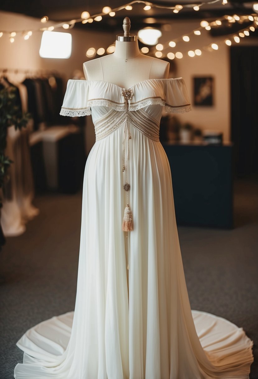 A curvy mannequin wearing an off-the-shoulder, flowing 70s wedding dress with bohemian details