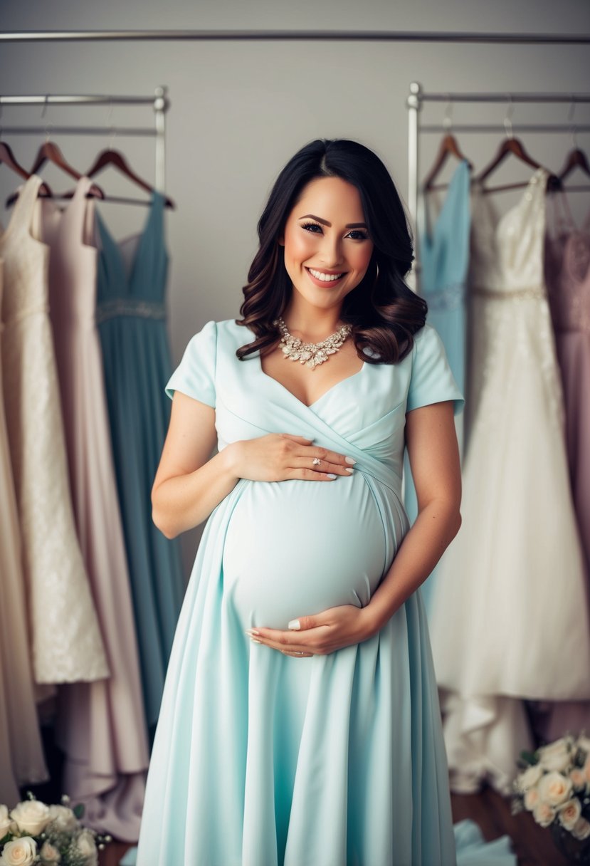 A woman in a tea-length dress, cradling her baby bump with a playful smile, surrounded by wedding dress ideas