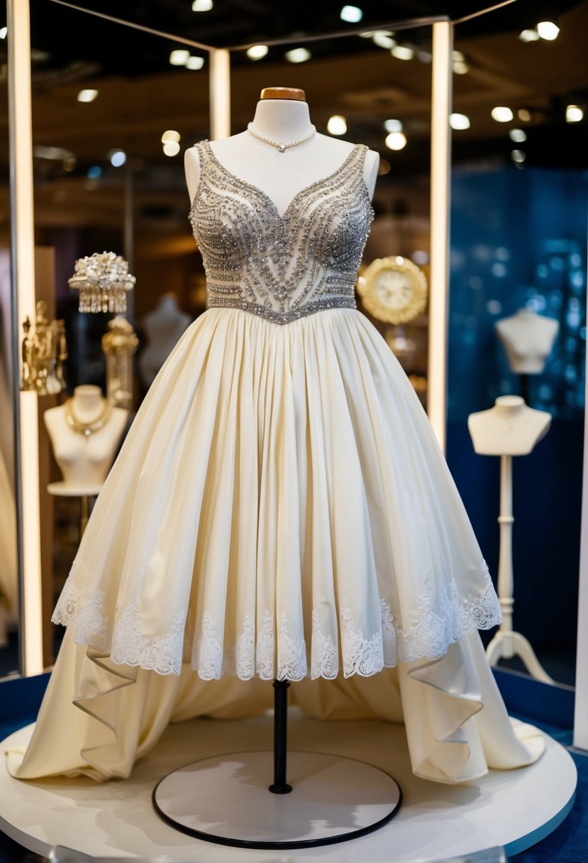 A curvy mannequin wears a 70s-style wedding dress with a beaded bodice, featuring a flowing skirt and lace details. Vintage accessories adorn the display