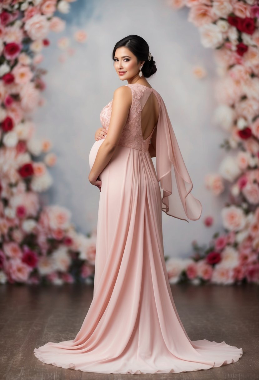 A blush pink chiffon frock with a flowing back, designed for a 5-month pregnant bride, set against a romantic wedding backdrop