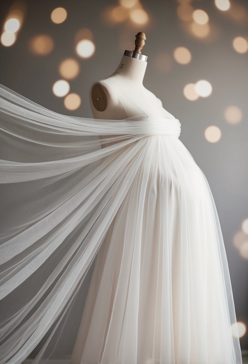 A delicate tulle fabric being stretched and draped over a rounded form, suggesting a flowing and flexible design for a 6-month pregnant wedding dress