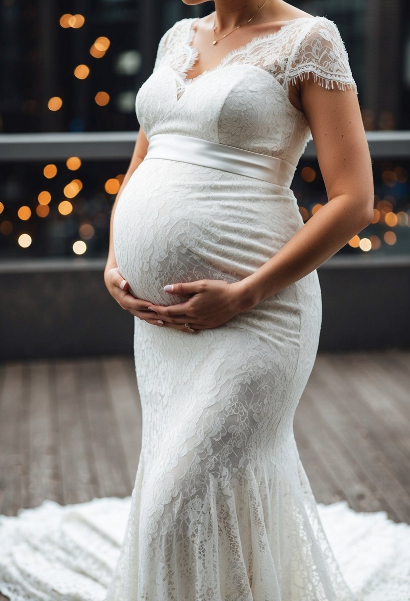 A lace maxi dress with an empire waist drapes elegantly over a rounded belly, suggesting a 5-month pregnant bride's wedding attire